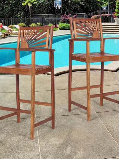 2-Pack Acacia Wood Outdoor Patio Bar Stools, Natural, 29in Seat Height - Sunflower Backrest