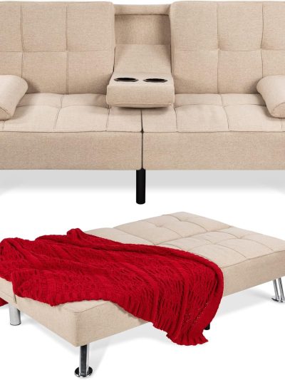 Best Choice Products Linen Upholstered Convertible Folding Futon Sofa Bed, Gray, 65.25in x 32in x 29in, 500 lbs