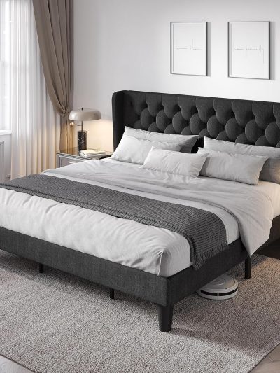 Allewie King Size Upholstered Bed Frame With Button Tufted Wingback Headboard, Black