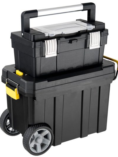 2-in-1 Rolling Plastic Toolbox Set With 6-Inch Wheels, Black
