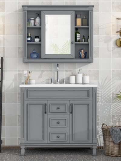 36'' Bathroom Vanity Set With Ceramic Sink Top, Mirror Cabinet, 2 Doors And 2 Drawers - Gray