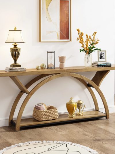 2-Tier Slim Console Sofa Table, Engineered Wood and Metal - 11.81 in D x 70.87 in W x 33.46 in H