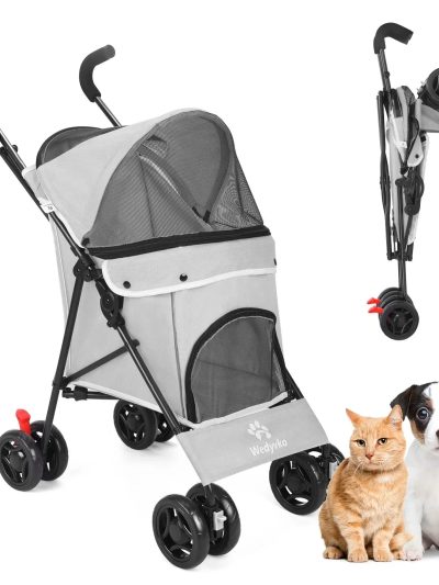 4-Wheel Foldable Cat And Dog Stroller With Storage Basket And 360 Degree Front Wheels - Gray