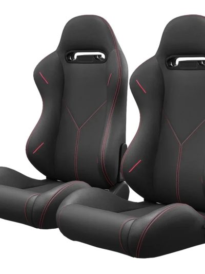 2PC Universal Reclinable Bucket Racing Seats With Adjustor Slider - Red PVC Leather