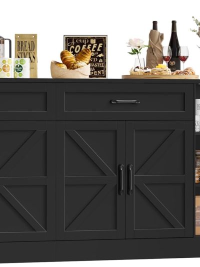 71 Inch Farmhouse Sideboard Buffet Cabinet With Adjustable Shelves And 2 Drawers - Black