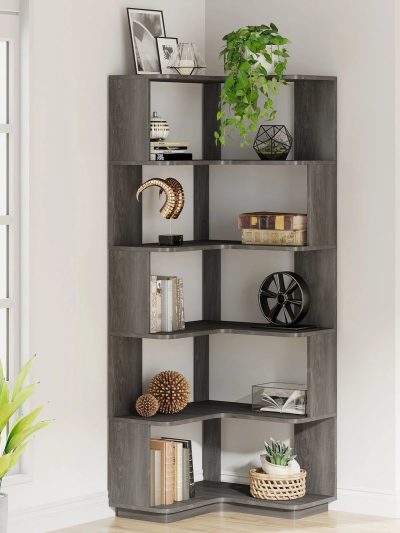 6-Tier Corner Bookshelf, 64.9 Inch Tall, Freestanding Wood Industrial Bookcase