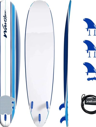 8ft Soft Top Foam Surfboard, EPS Core, 3 Stringers, Wax-Free Longboard, 200lb Capacity