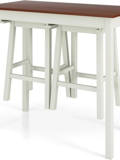 3-Piece Counter Height Bar Table Set With 2 Stools And 2 Wine Holders - Cream White & Walnut
