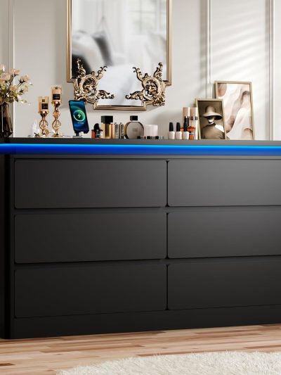 6-Drawer Black Wooden Dresser With Charging Station And LED Lights - 47.2 in