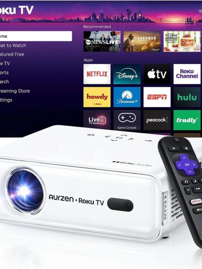 Aurzen Roku TV Smart Projector 1080P FHD WiFi Bluetooth White