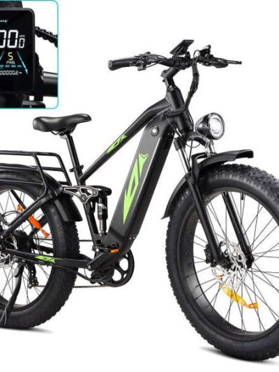 Adult Electric Bike 1000W 48V 17.5AH, 26 Fat Tire, Full Suspension, 28MPH, 7 Speed, 60Miles Range, Black